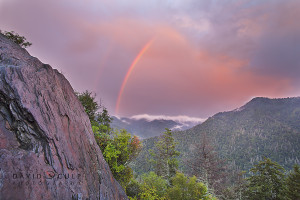 As the sunset over the Smoky Mountains lit up the west with a bright sky, the east yielded a fabulous rainbow at the trail end of a passing storm.